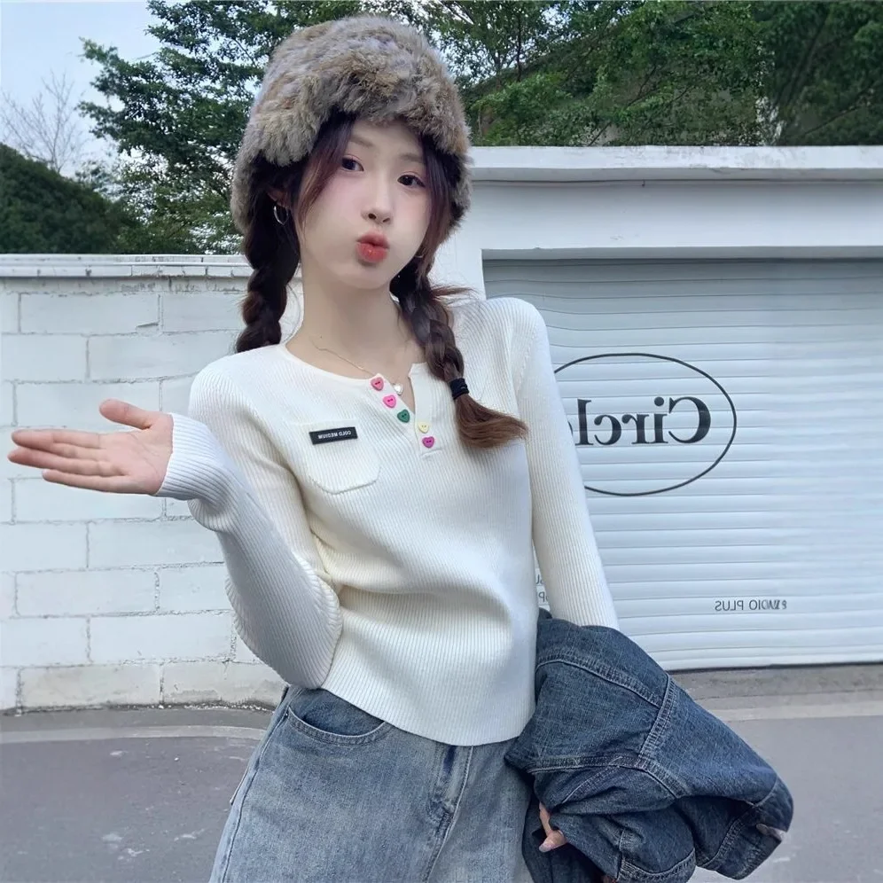 Long Sleeve Casual Style Fashionable Autumn Winter New Sweet Women's Knitted Short Top Base Shirt Inner Wear Slim Fit V-Neck #1