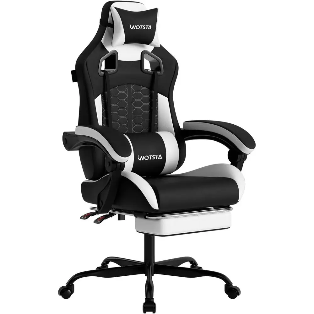 Cadeira de Massagem Ergonômica para Jogos com Suporte Lombar, Couro de Encosto Alto, Confortável para 300LBS (Preto e Branco)
