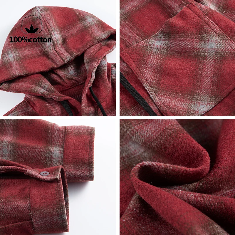 アメリカンヴィンテージチェック柄フード付きシャツジャケット、男性と女性用、ミッドレングスのリラックスフィットカジュアルアウターウェア、春/秋用