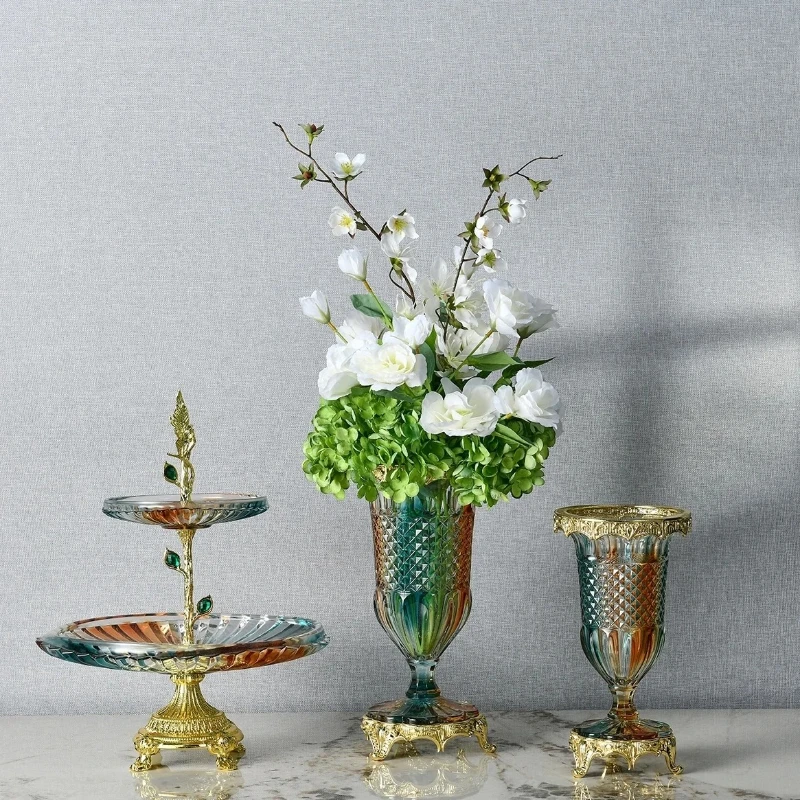 

Double Layer Glass Fruit Plate Dessert Tray European Style Vintage Crystal Glass Flower Vase for Living Room Home Decor