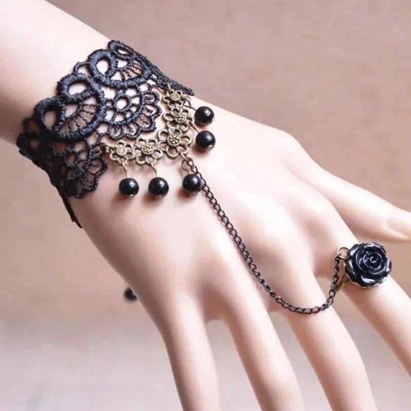 Black Lace Slave Bracelet Retro Vintage Handmade Jewelry Gothic Lace Flower Finger Bracelets for Women