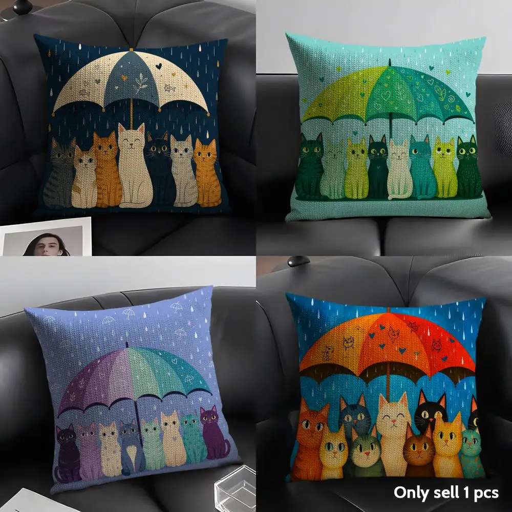 The Cat Holding an Umbrella Cushion Cover Linen Organic Fabric Double-Sided Printing Sofa Breathable Home Decor Gift Pillow Case