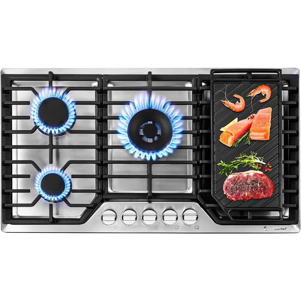 36 inch Gas Cooktop w/5 Power Burners, Max 48300 BTU/hr Built-in Gas Stove top of 304 Stainless steel w/Double Sided griddle