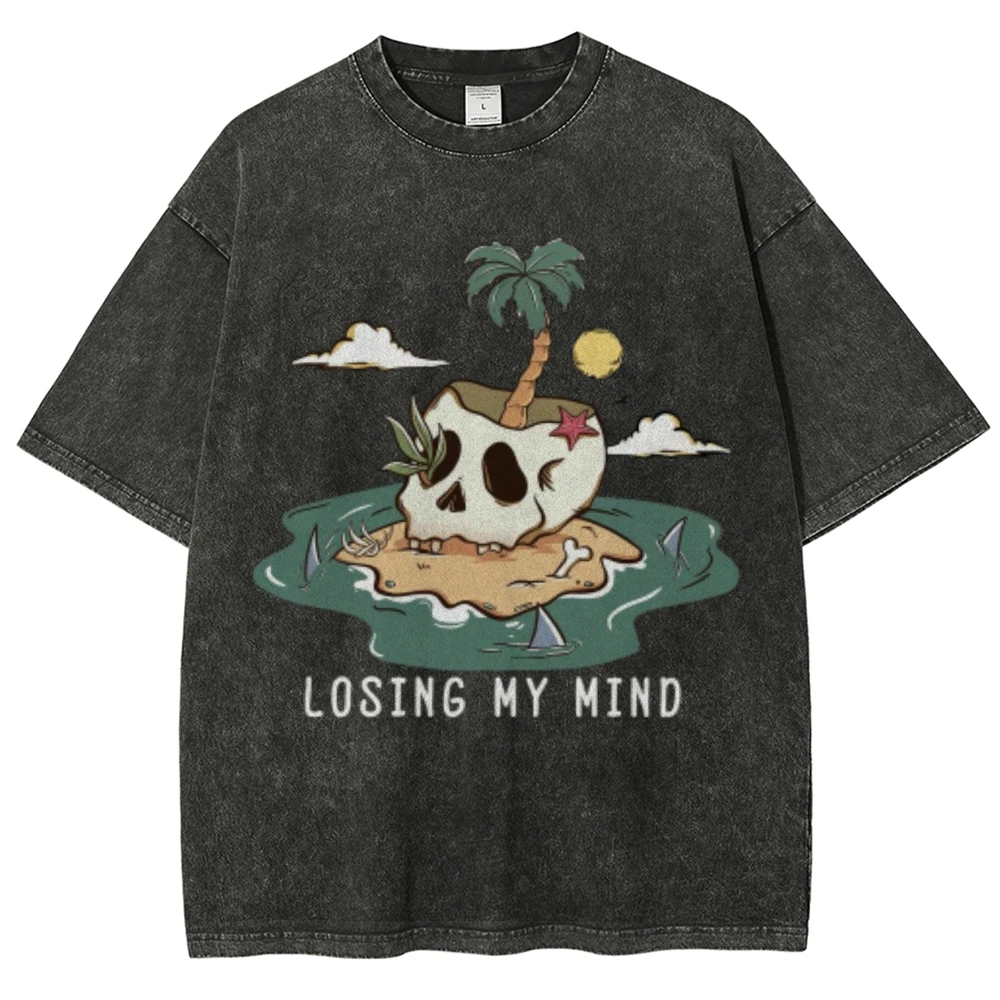 

Losting In My Mind Skull Skeleton Vintage Unisex Washed T-shirt, Beach Shirt, Aloha Shirt, Hawaiian Shirt