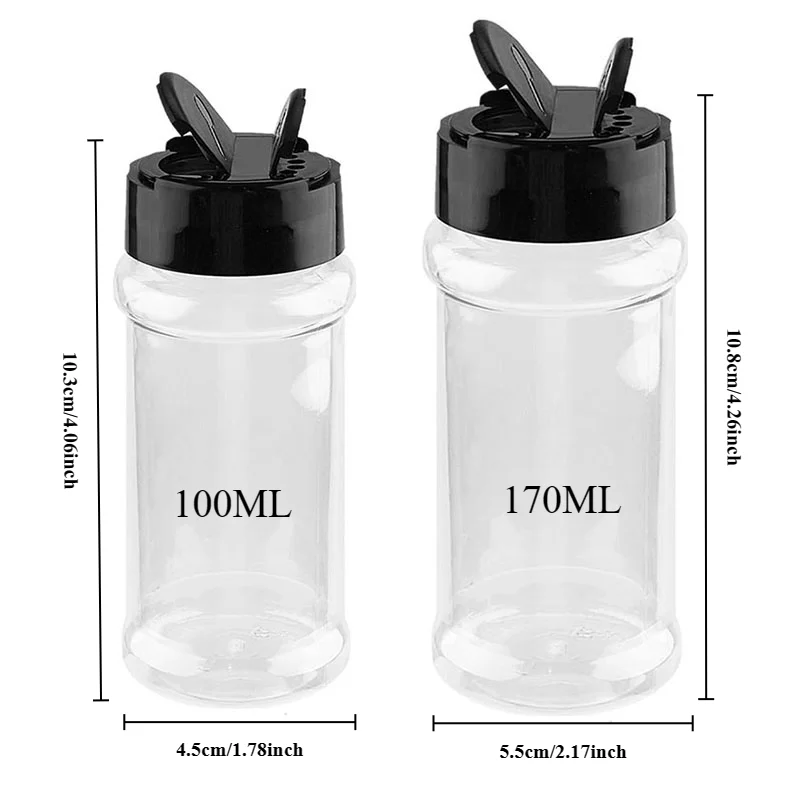 Plastic Spice Bottles Set Empty Seasoning Containers with Black Cap Clear Reusable Containers Jars for Spice, Herbs, Powders