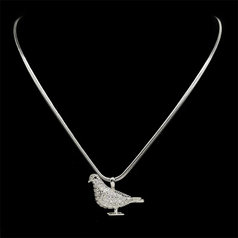 Silver Color Peace Dove Copper Pendant Necklaces Pigeon Zircon Bird Pendants for Women Animal Stainless Steel Chain Jewelry ﻿