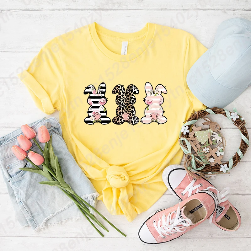 Easter Rabbit Graphic T-shirt, Easter Day Tees, Cute Leopard Bunny Print T-shirt, Round Neck Tops, Women's Graphic T-shirts