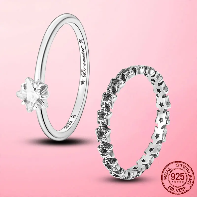 925 Silver Celestial Sparkling Star Solitaire Finger Ring For Women Wedding Engagement Rings Original Brand Jewelry