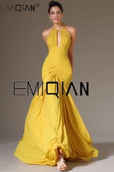 New Chiffon Pleated Formal Evening Dresses Long Halter Backless Evening Gown