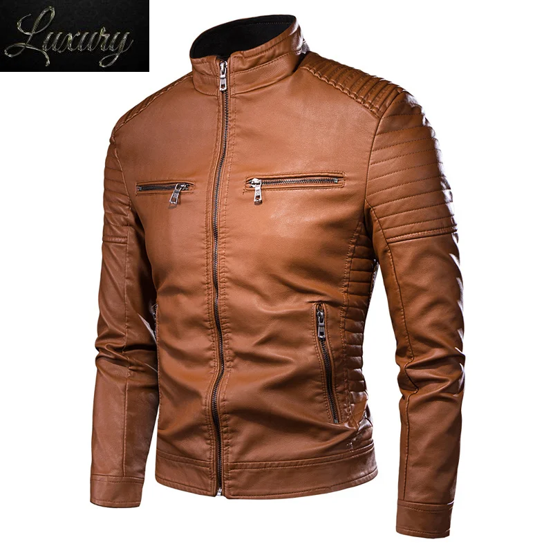 

Military Men's Jacket Fashion Mens Vintage Leather Jackets Casual Men Faux Motorcycle Biker Zipper Pockets Coats