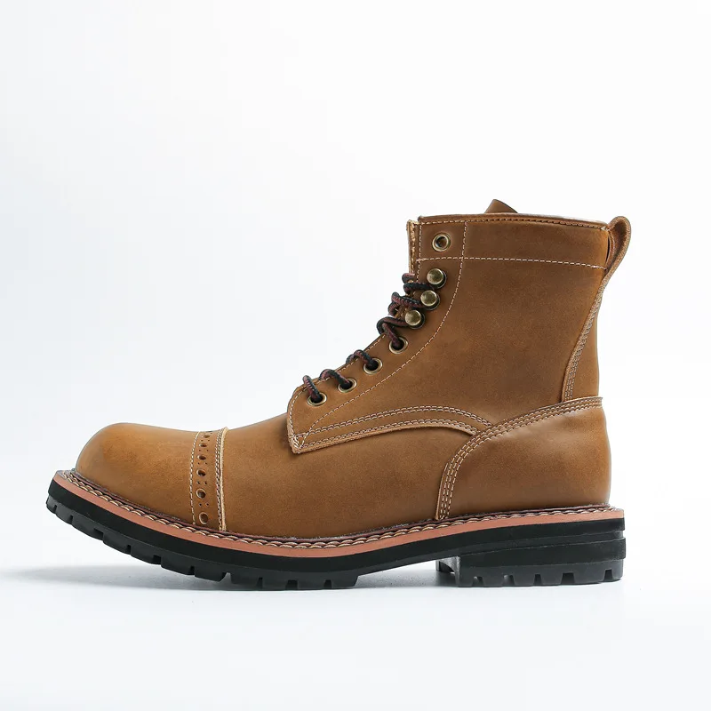 

Vintage Fashion Men Boots Handmade Tooling Cow Leather Shoes Wedge Safety Round Toe Motorcycle Boots Winter Ankle Boots