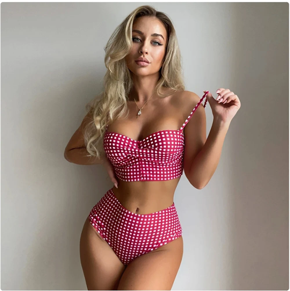 2025 New Sexy Two-piece Bikini Set Women Plaid Swimsuit Sling Backless Swimwear Tight Gathered Beachwear Brazilian Bathing Suit