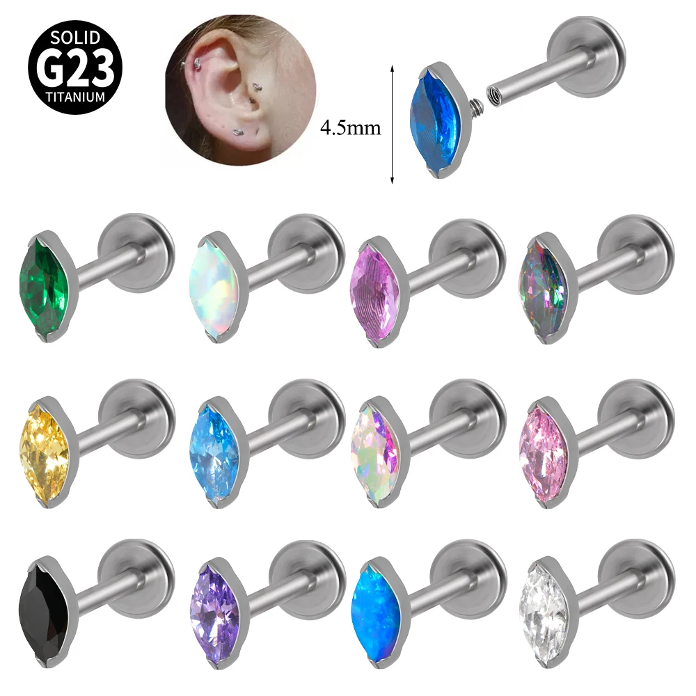 1PC ASTM F136 Titanium Marquise Labret CZ Zircon Ear Tragus Cartilage Flat Back Earring Piercing Internally Thread Body Jewelry