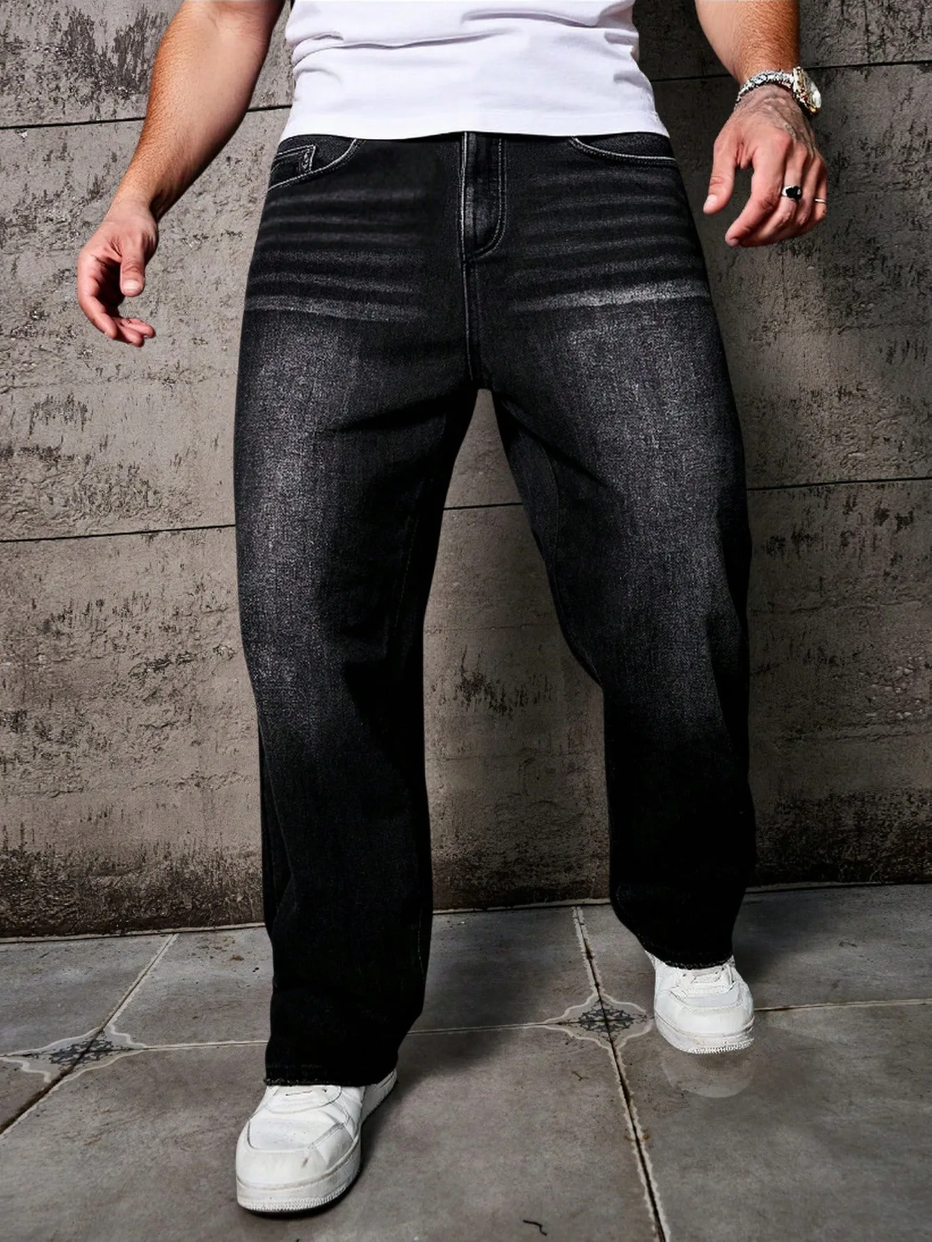 1 قطعة جينز مستقيم مريح للرجال باللون الأسود مغسول وفضفاض وواسع الساق، هدية مثالية للزوج والصديق #5