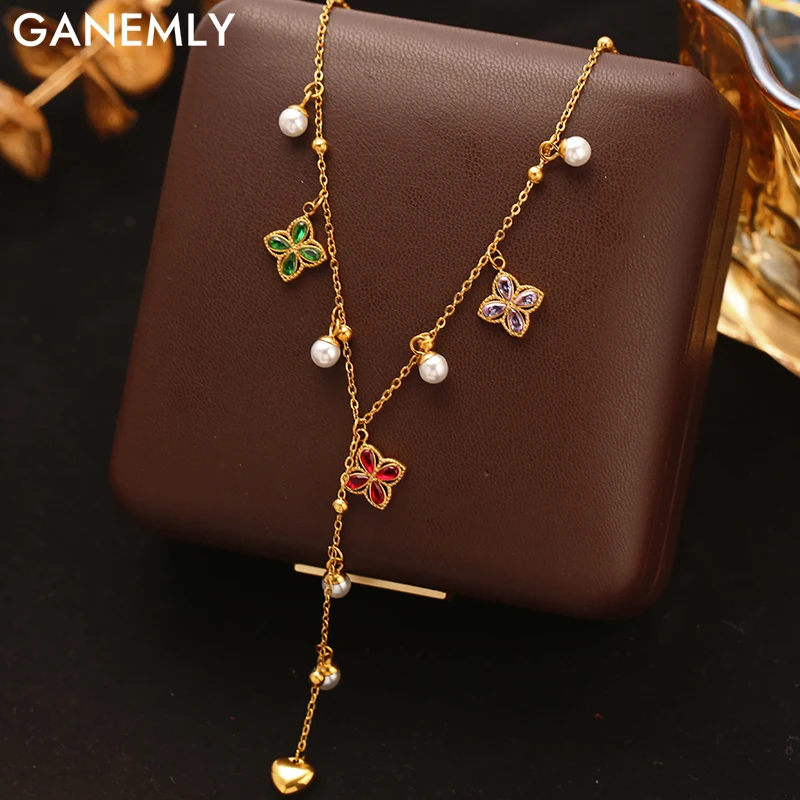 GANEMLY 316L acier inoxydable pétales de fleurs coloré Zircon Long pendentif collier pour les femmes nouveau à la main cou chaîne bijoux cadeau