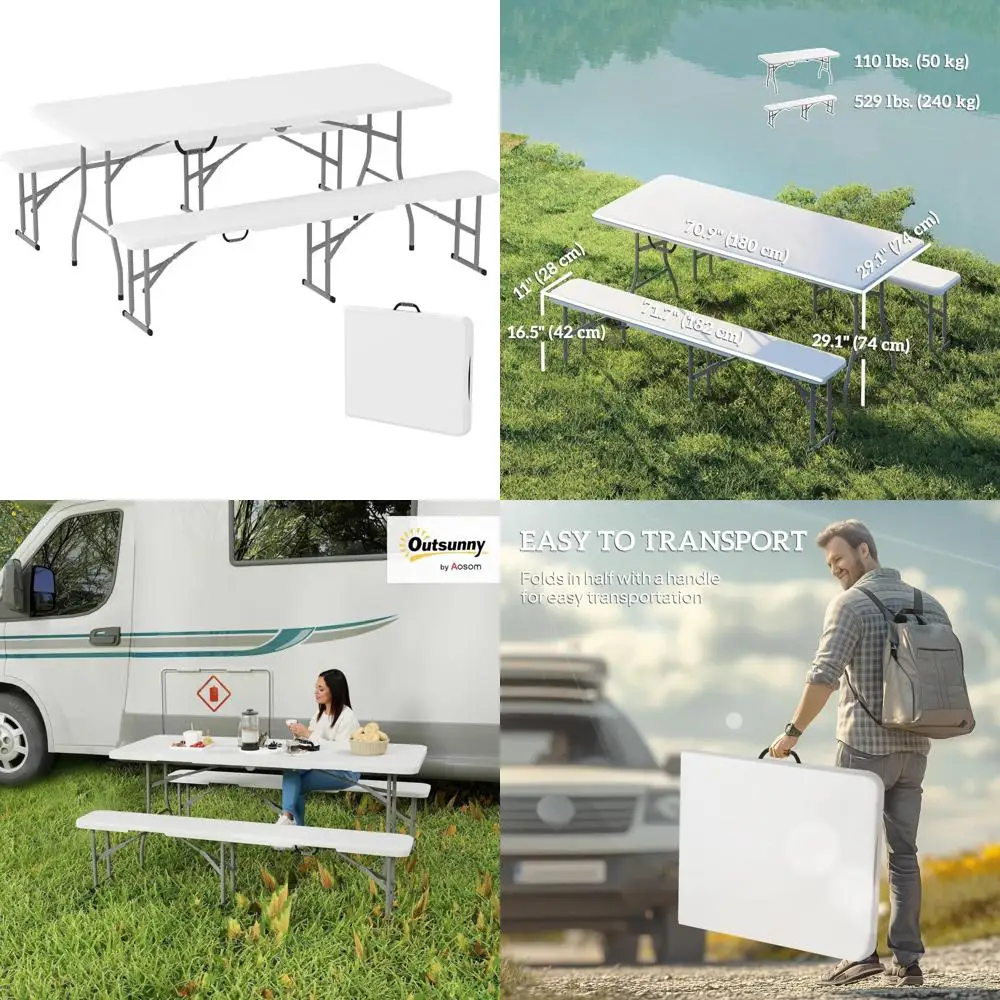 Juego de mesa y banco de picnic portátil para uso en interiores y exteriores de 6 pies, plegable con asas de transporte
