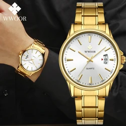 WWOOR moda adamın saatler üst marka lüks altın paslanmaz çelik Quartz saat erkekler su geçirmez kol saati Masculino Masculino