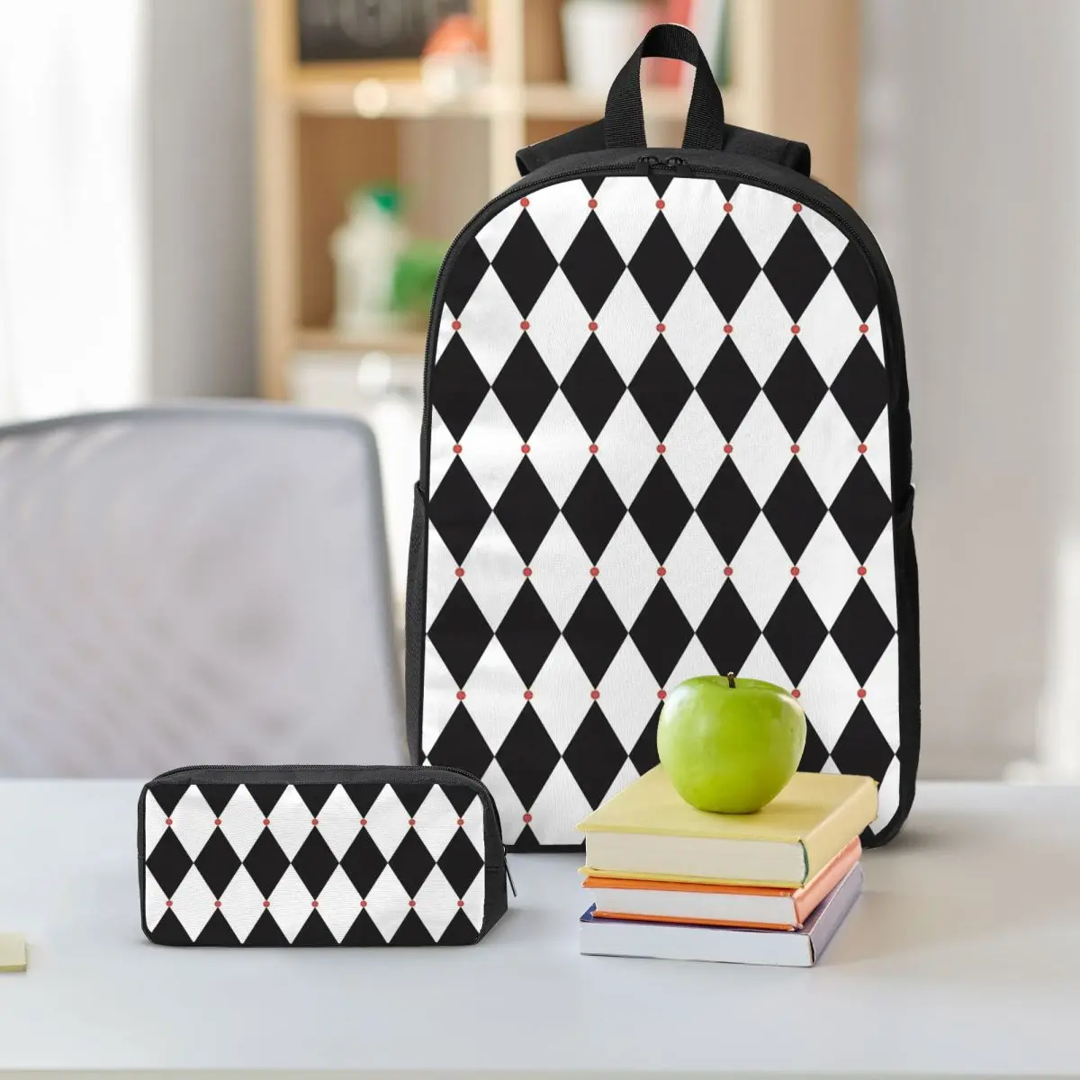 Harlequin Plaid Playing Cards Backpack Boys Girls BookBag School Bag Shoulder Bags 3ps Insulated Lunch Bag Pencil Case