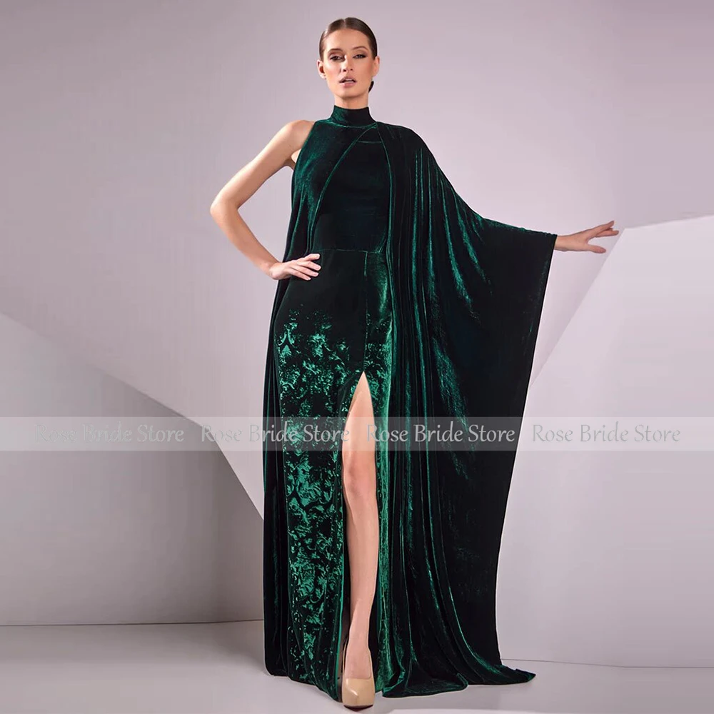 Modern Elegant Party Dresses Woman Green Velour Front Fork Straight High Collar Long Dresses Bespoke Occasion Gown