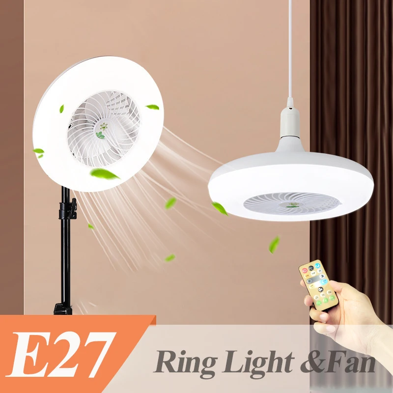 

E27 Base Ceiling Light Fan Remote Control 30W Smart Led Ring Light 3 Colors Silent Ceiling Fans 360° Rotate Dimmable Live Stream