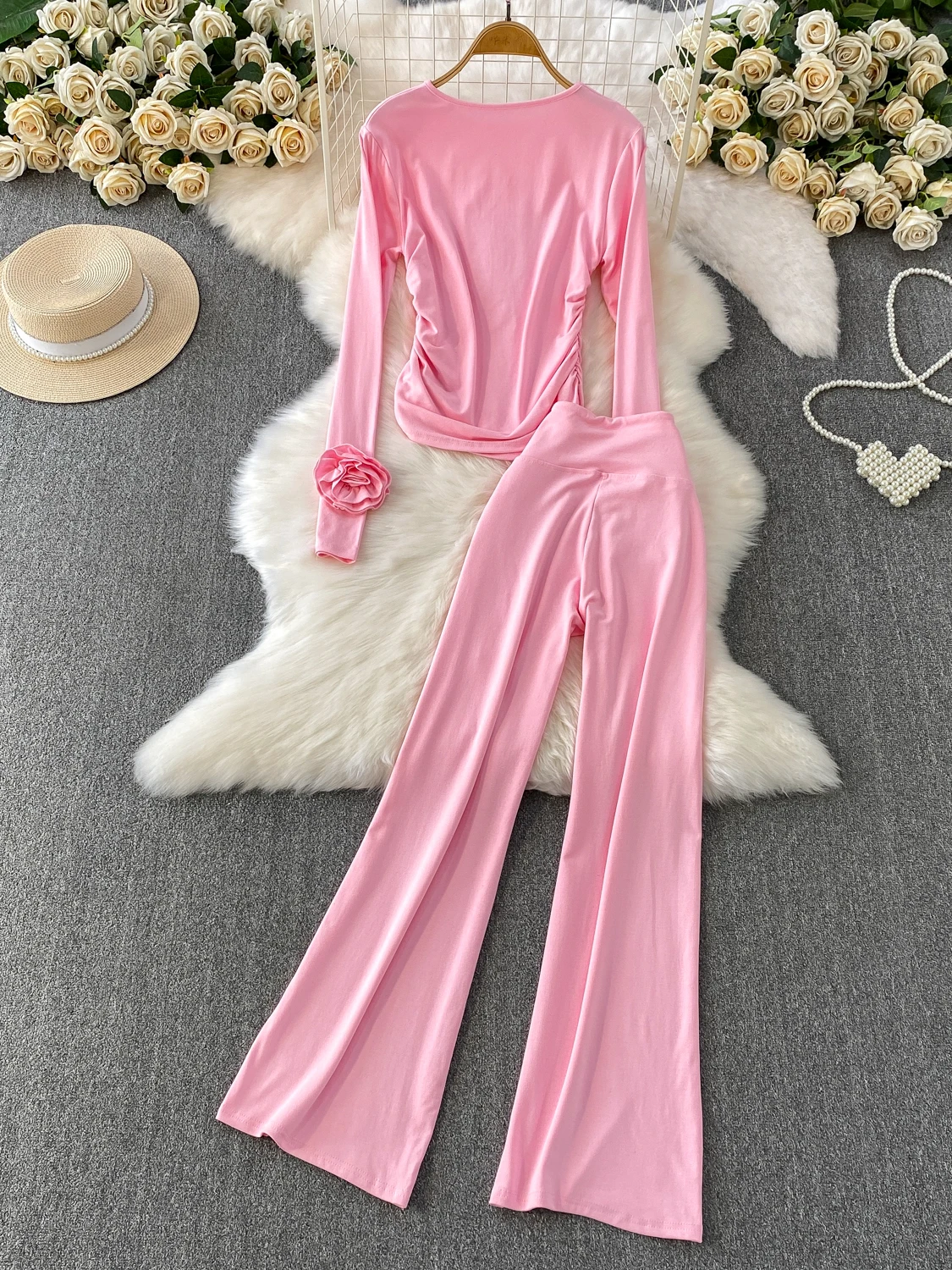 Korean Sle High Waist Wide Leg Pants Two-Piece Set Long Sve T-irt Top Pleated 3D Flower Design Simple Pure Color