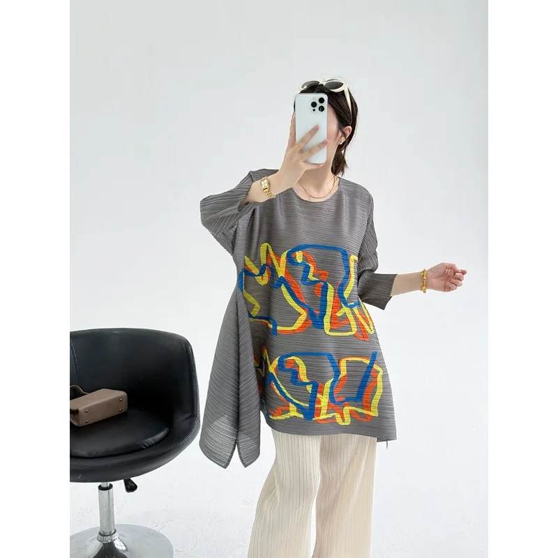 

Футболка Miyake с плиссировкой и принтом, средней длины, летняя новинка 2026, с цветовыми блоками, свободный крой, женская, с пэчворком, плиссированная, приталенная, универсальная футболка