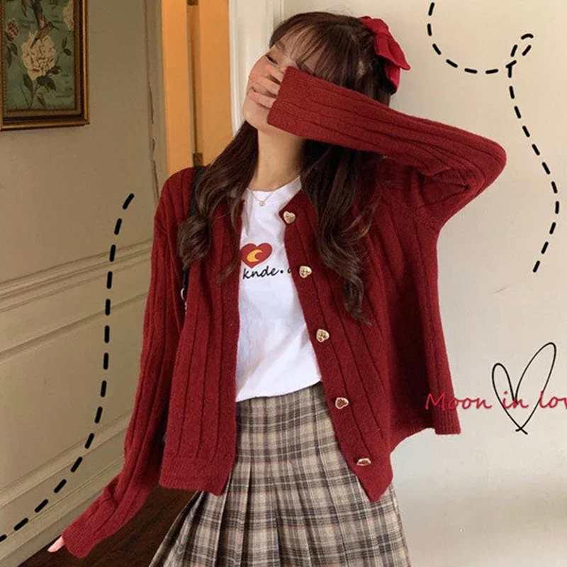 

Burgundy Sweater Cardigan Women Korean Kawaii Single Breasted Long Sleeve Knit Sweater Small Heart Button O Neck All Match Coats