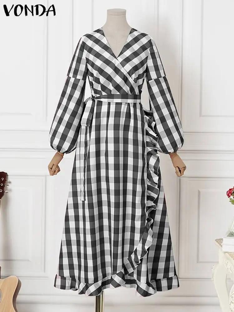 VONDA Oversized Women Maxi Dress 2023 Casual Long Lantern Sleeve Plaid Sundress Bohemian Loose V-Neck Bandage Holiday Robe Femme