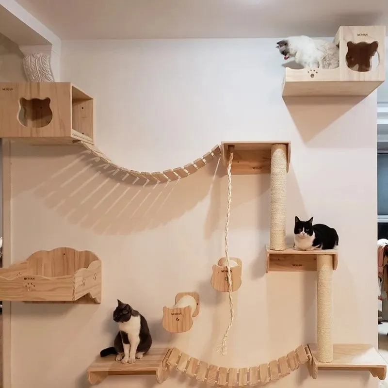 

Wooden Cat Climbing Frame Luxury Wall Space Cat Wall Mounted Furniture Hammock Climbing Ladder Shelves Scratching Pet Products