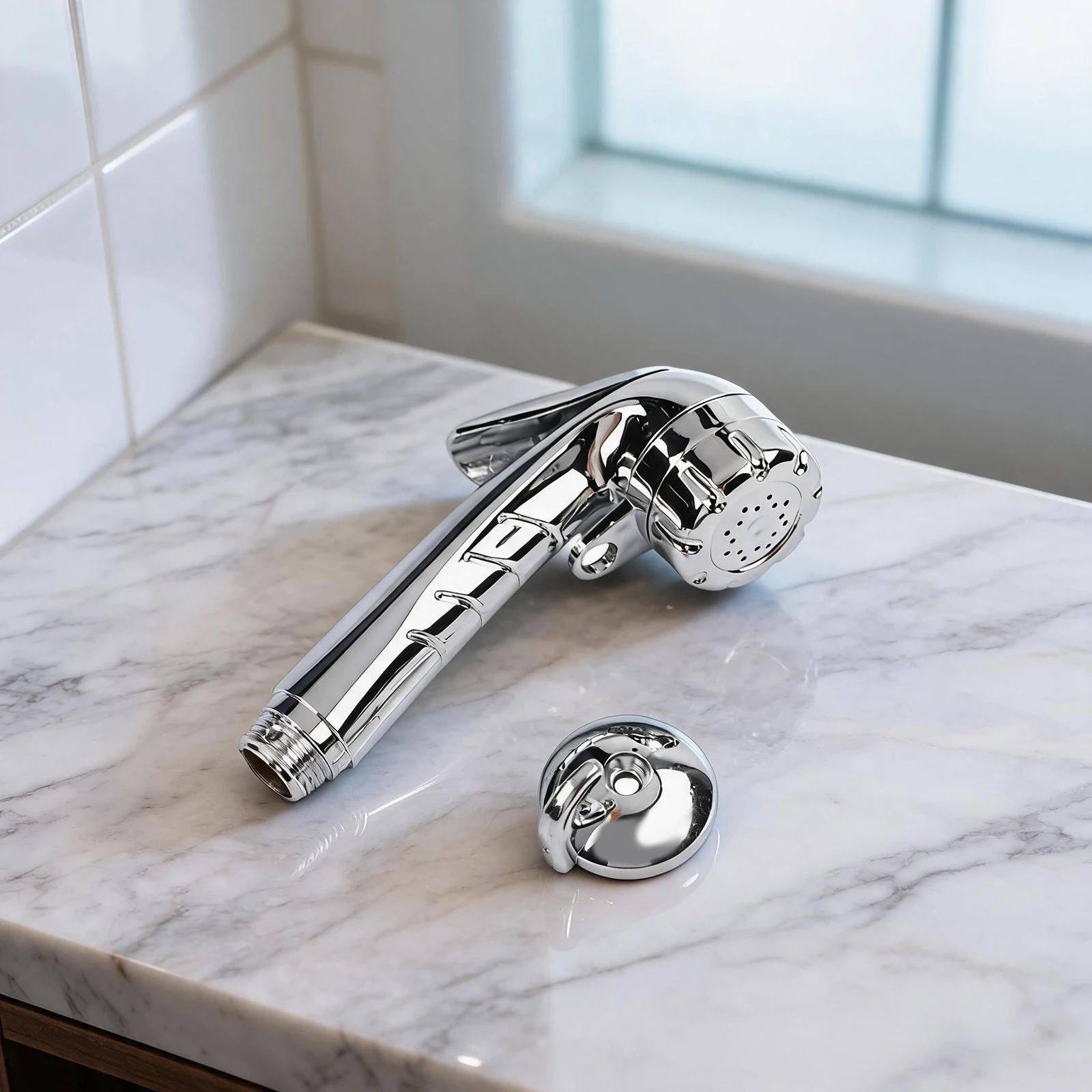Compact Shower Head with Integrated Start Stop Control Lever Designed for RV Boat Camping and Mobile Living Environments