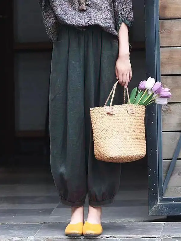 Leichte Taille-Leinen-Laternenhose, lässige, lockere Passform, neunteilige Hose, künstlerische Hose, bequeme hohe Taille, dünnes Modell