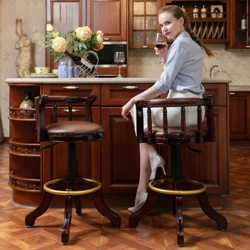 

American Style Genuine Leather Rotating Retro Bar Chair, Bar Lift High Chair, Household European Style Solid Wood Backrest Chair