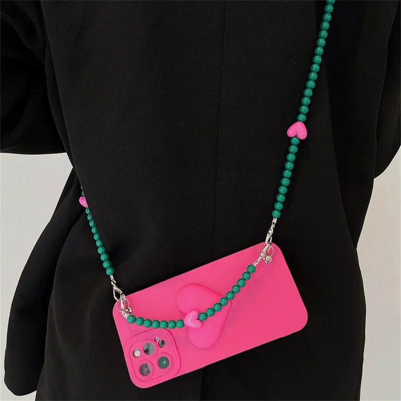 

Luxury Korean crossbody lanyard bead chain love heart rose red Case for iPhone 16 15 14 13 12 11 pro shockproof Max back cover