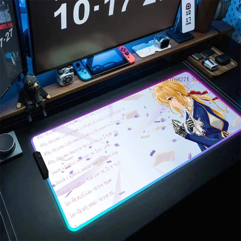 Violet Evergarden Anime Girl Mousepad XXL RGB Gaming Mouse Pads HD Black Gamer Accessories Large LED