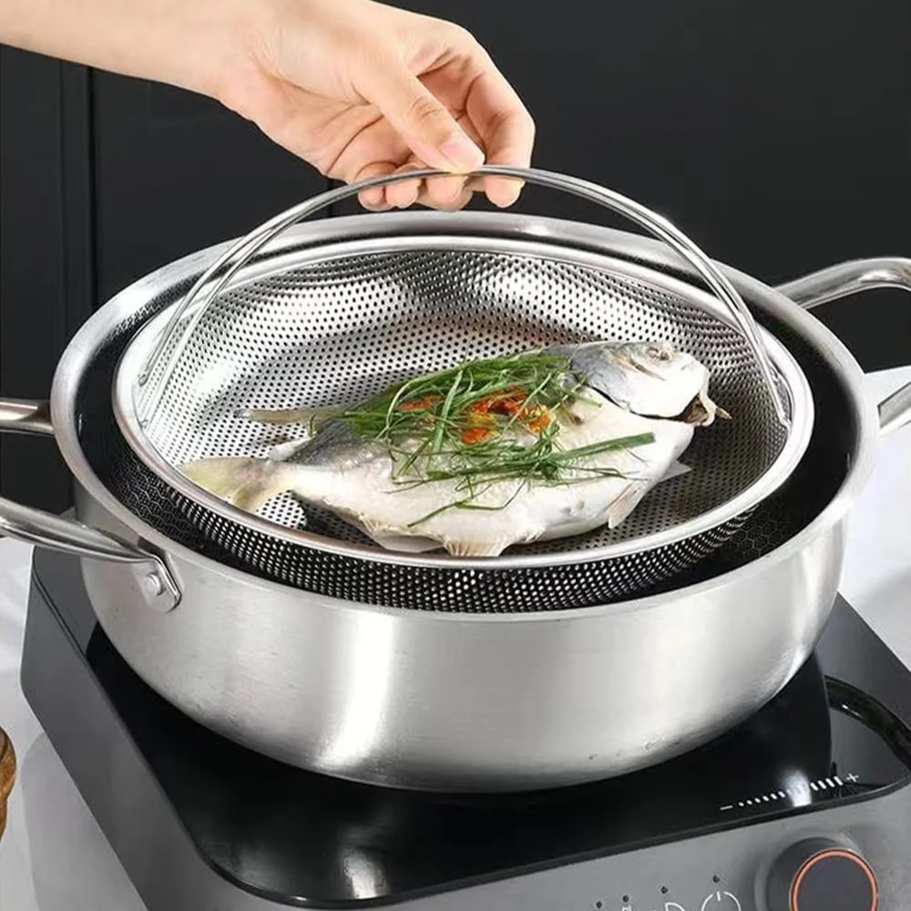 مبخرة طعام متعددة الوظائف من الفولاذ المقاوم للصدأ بمقبض ، أرز ، معكرونة ، فواكه ، سلة تنظيف للخضروات المطبوخة على البخار ، المأكولات البحرية على البخار