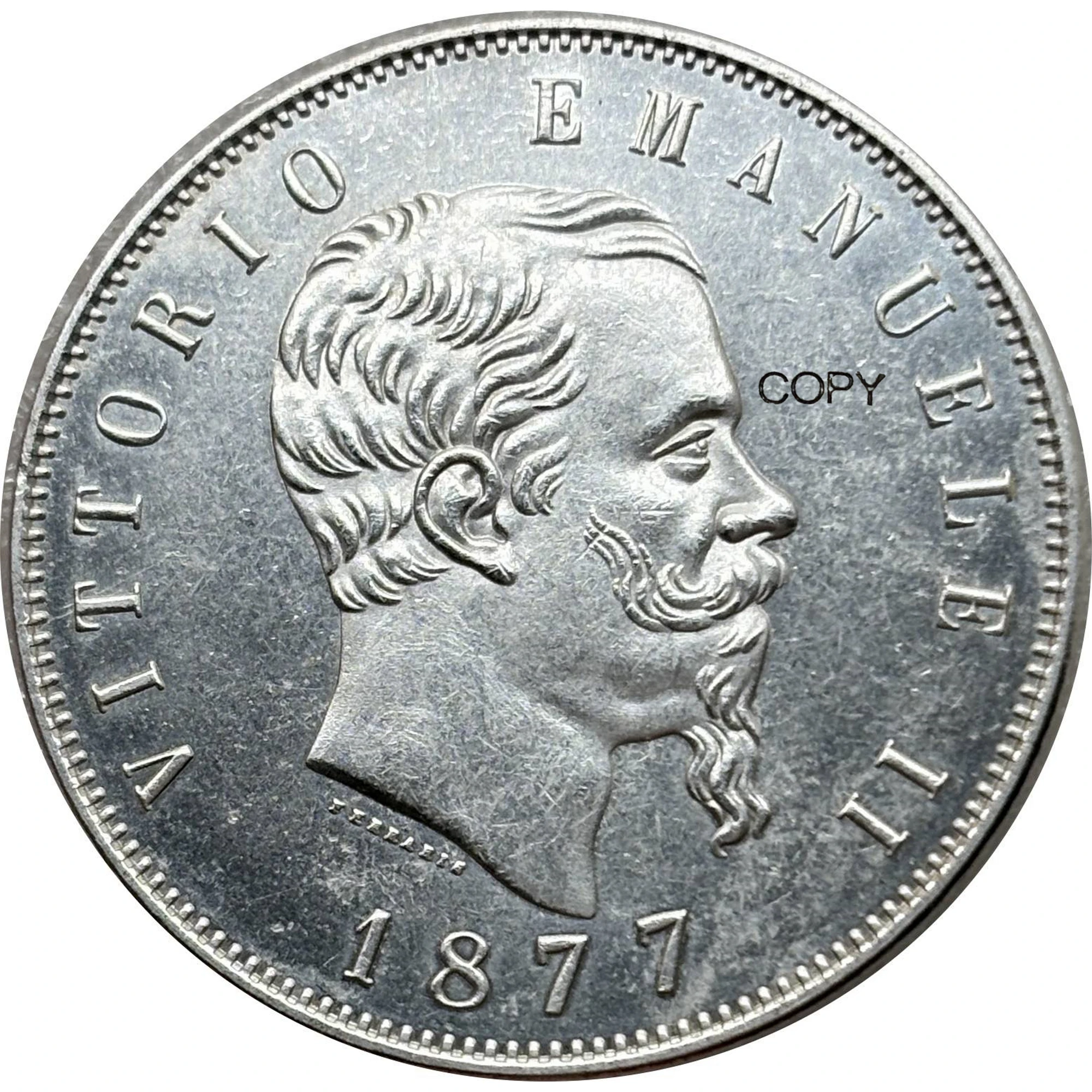Moneda Conmemorativa de Italia 1877, 5 Lire, Victor Emmanuel II, Plateada, Copia, Monedas de Colección