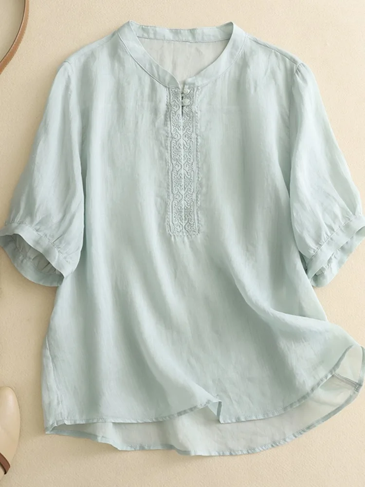 

High-End Hemp Embroidered Women's irt ort Sve Pullover Pure Color Cotton Linen Summer Vintage Artistic Sle Top