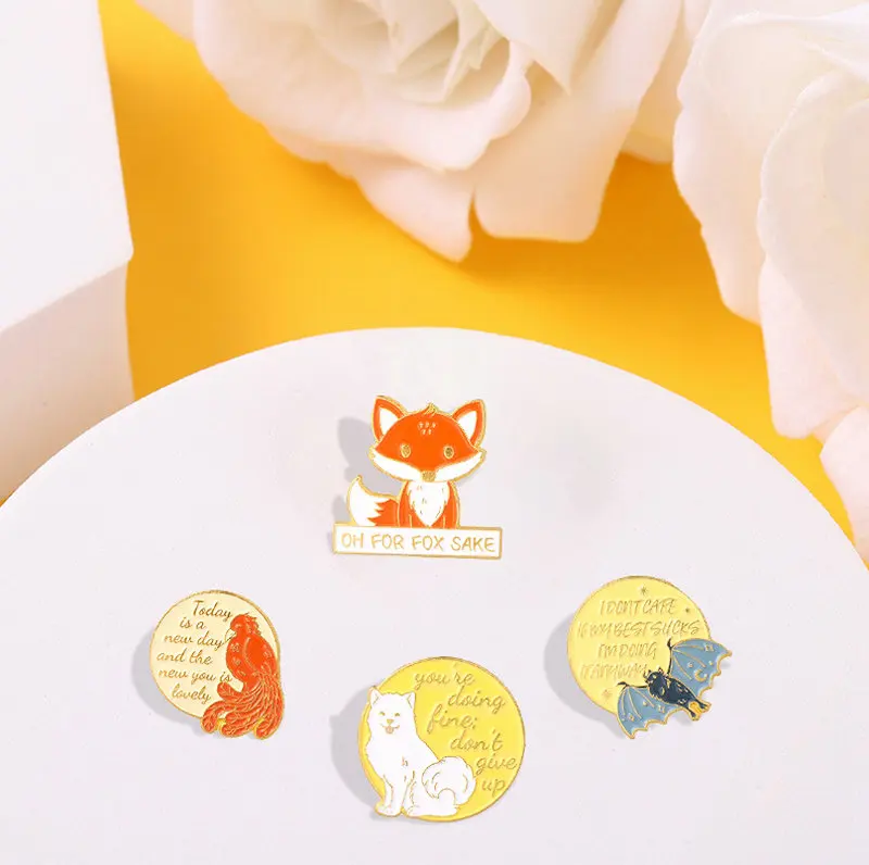 Enamel Pins Fox Bat Dog Bird Bag Brooch Lapel Badge Cartoon Jewelry Gift for Kids Friends Animal Quotations Monologue