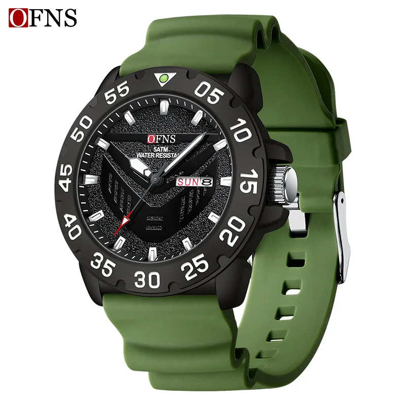 OFNS 1308 남성용 쿼츠 시계, 듀얼 캘린더, 클래식 심플 방수 실리콘 스트랩 손목시계, 학생 생일 선물