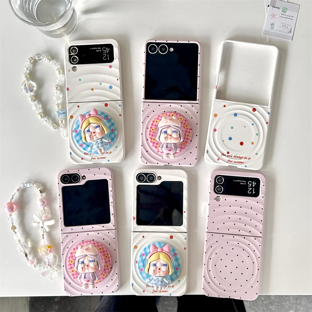

Korean INS Polka Dot Cartoon Magnetic Holder Phone Case For Samsung Galaxy Z Flip5 Flip6 Flip 7 4 3 Cover with hinged cute Funda