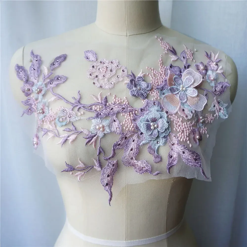 Black Blue Gold 3D Flower Lace Fabric Beads Rhinestone Embroidered Gown Appliques Collar Sew Patch For Wedding Decor Dress DIY