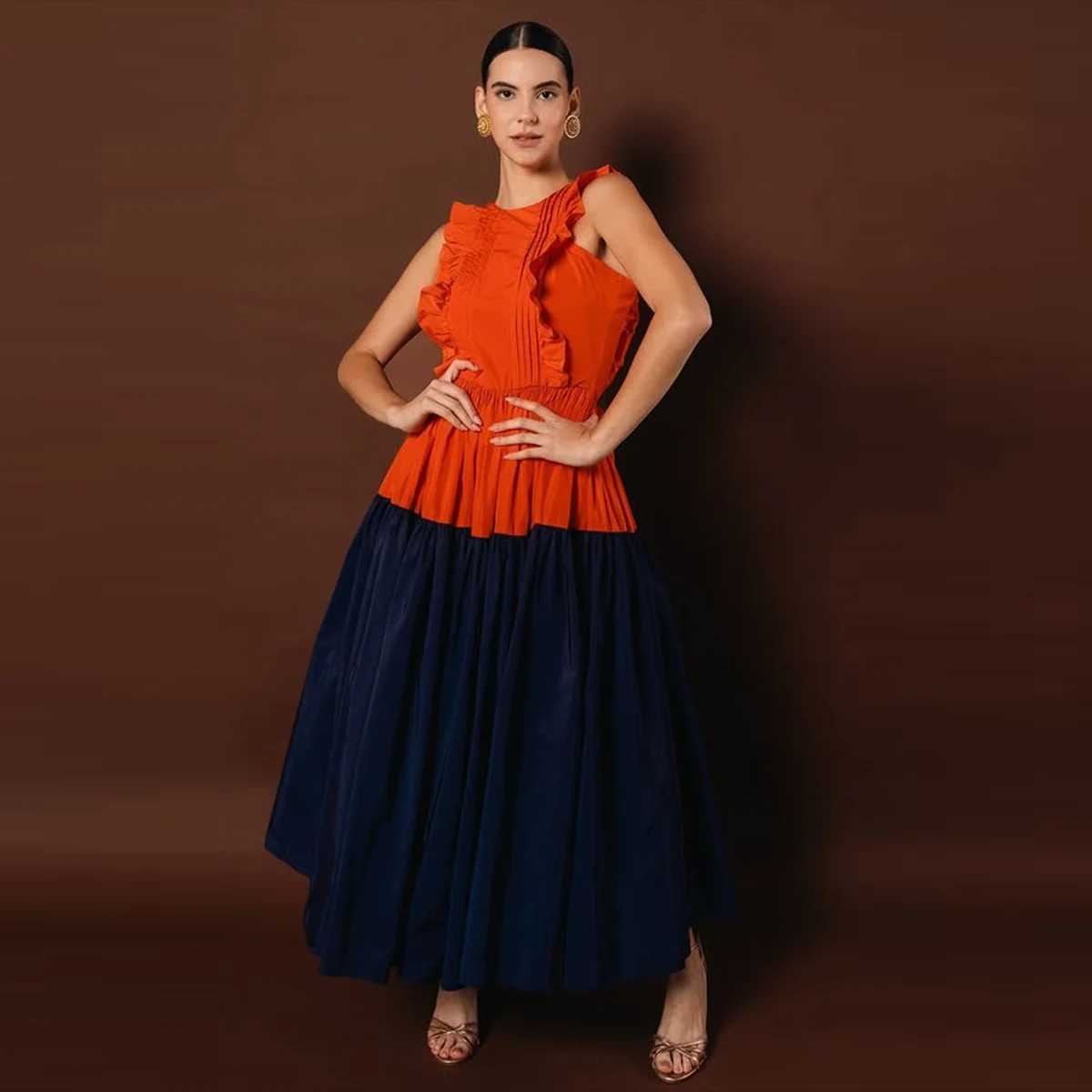 Abito da ballo in due pezzi arancione e blu navy con volant in raso e gonna lunga Abiti da sera Abito da festa formale da donna