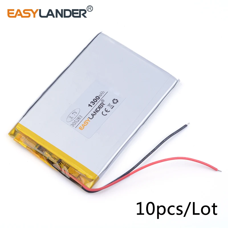 

10pcs /Lot 3.7v lithium Li ion polymer rechargeable battery 305283 1300mAh For MP3 MP4 GPS Bluetooth headset battery 035283