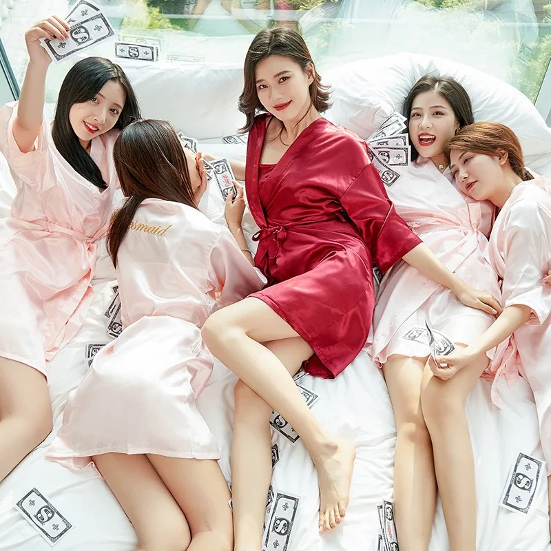 

Women Ice Silk Bridal Robe – Spring Summer Bride Bridesmaid Party Wedding Studio Photo Shoot Satin Loungewear Gown