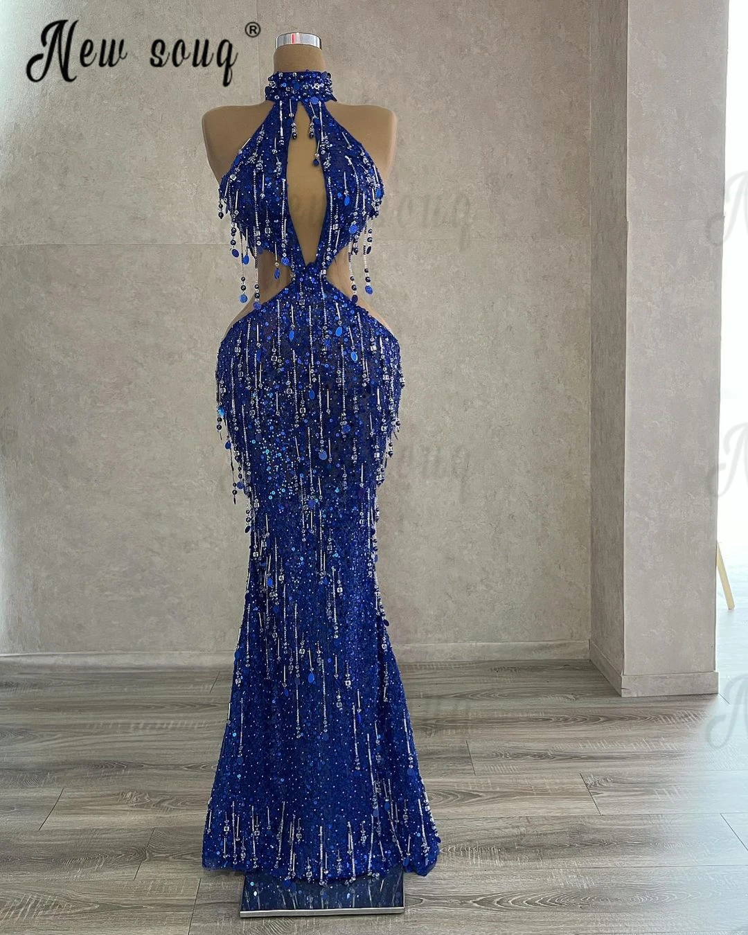 Robe de soirée à col licou pour femme, robe de Rhlongue, paillettes perlées, pompon, dos nu, bleu royal, robe personnalisée, arabe, mariage, 2024