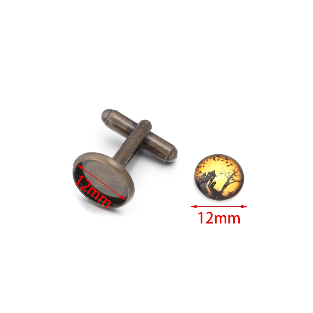 1Set 12mm Copper Cufflinks Cabochon Blank Base With Random Halloween Pattern Cabochon Set for DIY Men Shirt Cufflinks Accessorie