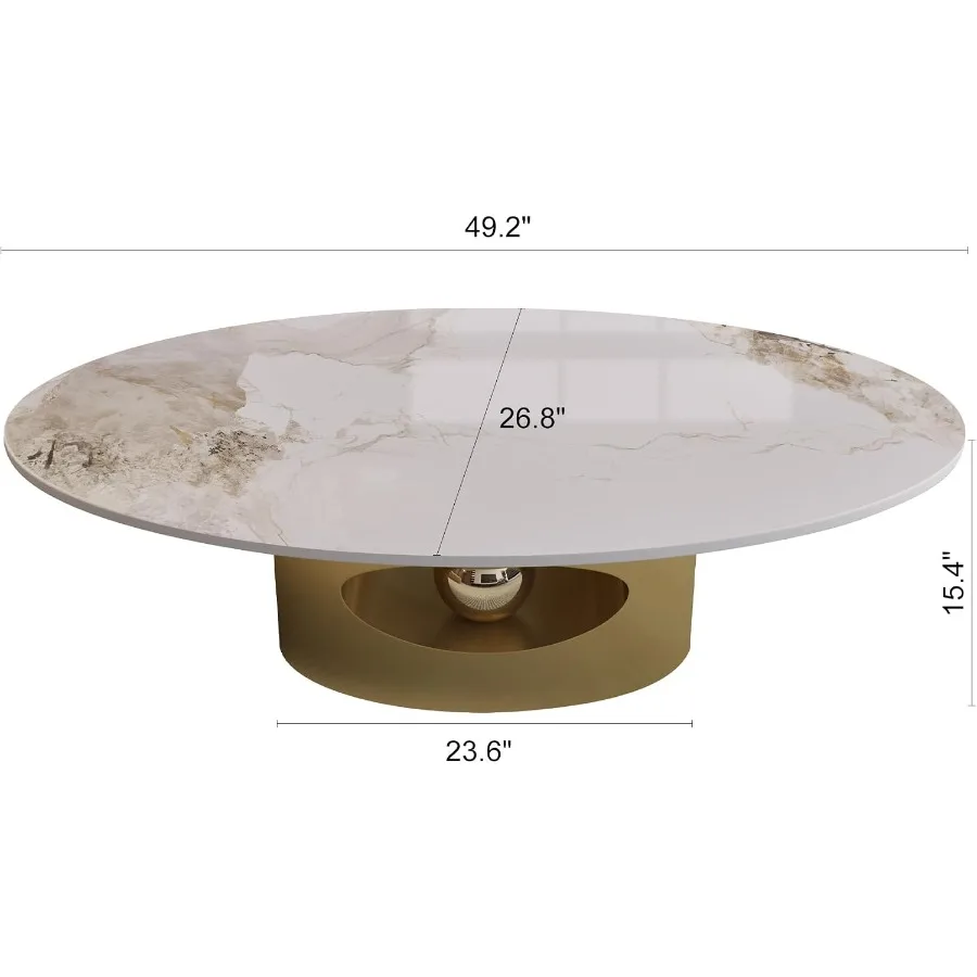 49.2 Faux Marble Oval Coffee Table for Living Room, Gold+White, Lightweight and Scratch-Resistant