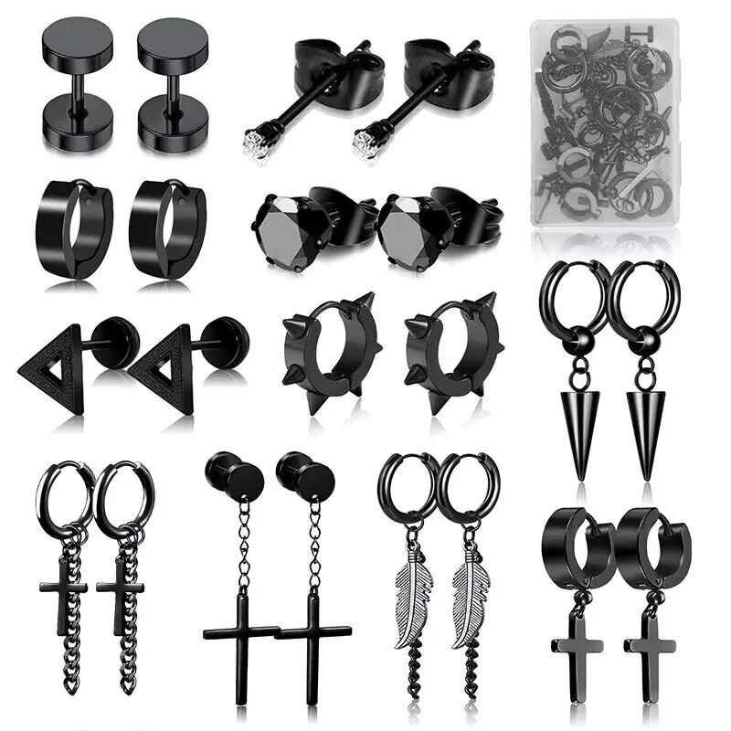 

11 Pairs Earrings Studs Men Black Stainless Steel Cubic Zirconia Cross Dangle Hinged Hoop Long Chain Jewelry Piercings Set