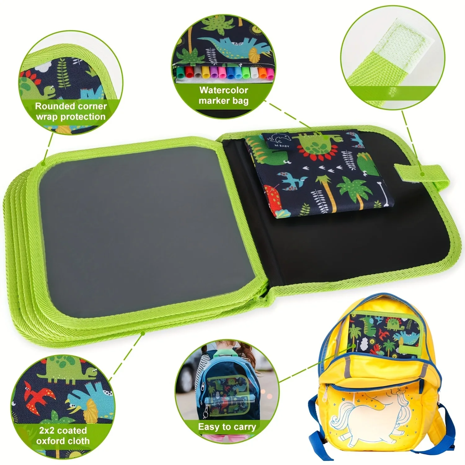 Green Dinosaur Erasable Book Doodle Set Magic Drawing Book Reusable Drawing Book 12 Watercolor Pens 14 Page Drawing for Kids view 2