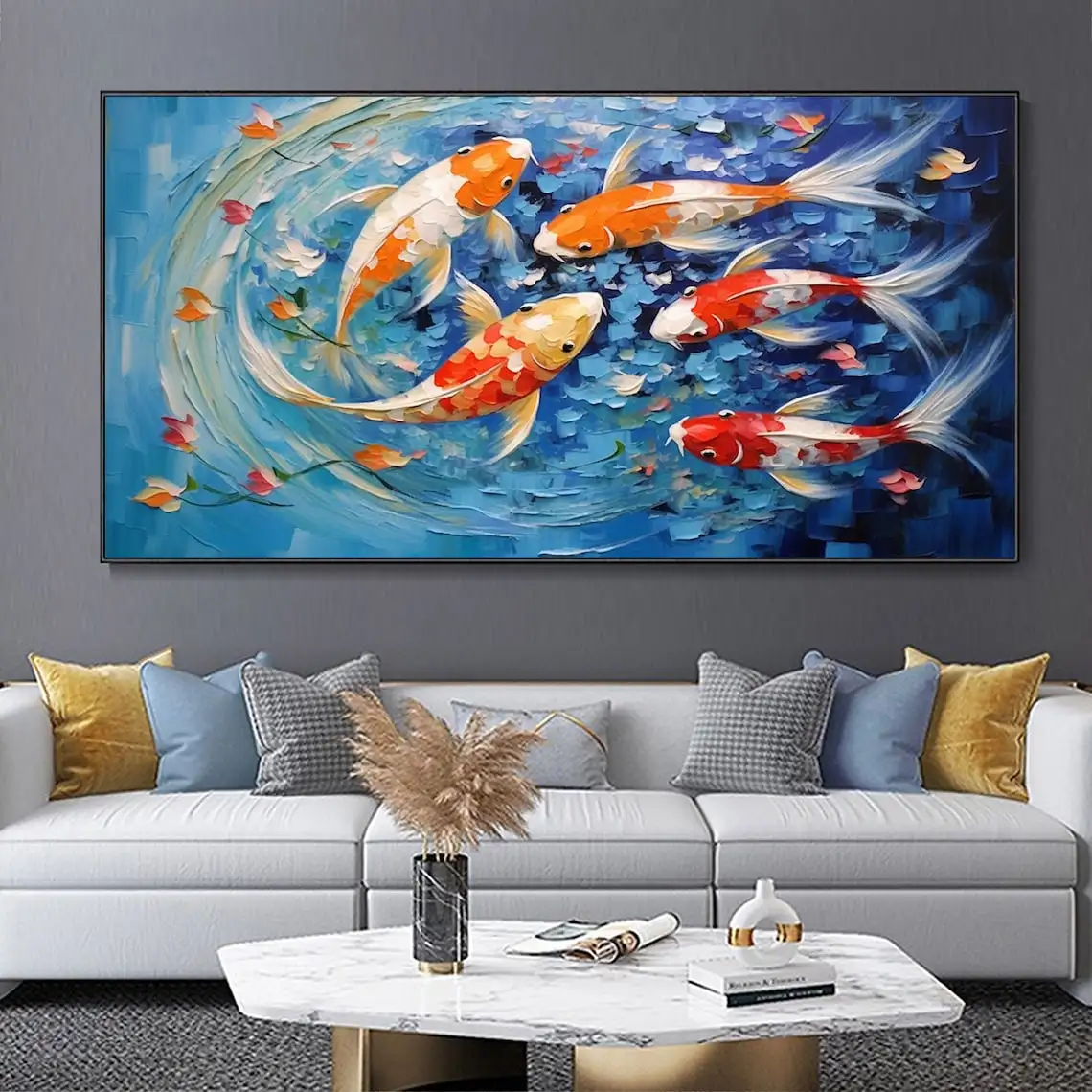 Carp Swimming in Water Knife Painting Abstract Landscape Art Mural Fish Texture Hand Oil Painting Vibrant Modern Home Wall Art